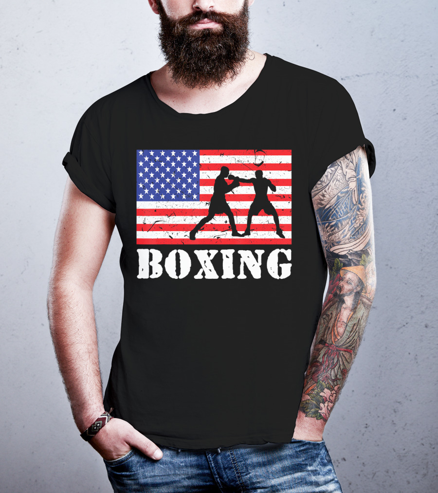 Distressed Boxing USA American Flag With Fighters T-Shirt