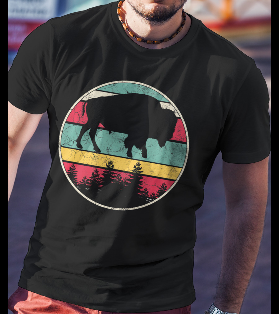 Distressed Buffalo Bison Silhouette With Retro Stripes And Forest Scene T-Shirt
