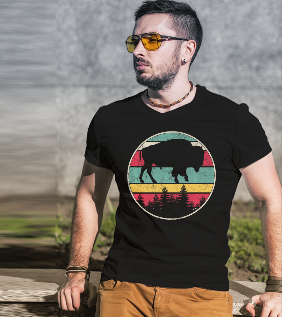 Distressed Buffalo Bison Silhouette With Retro Stripes And Forest Scene T-Shirt
