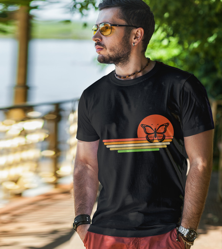 Distressed Butterfly Retro Sunset Stripes T-Shirt