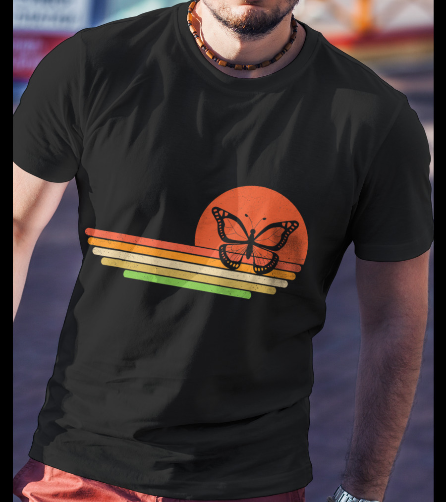 Distressed Butterfly Retro Sunset Stripes T-Shirt