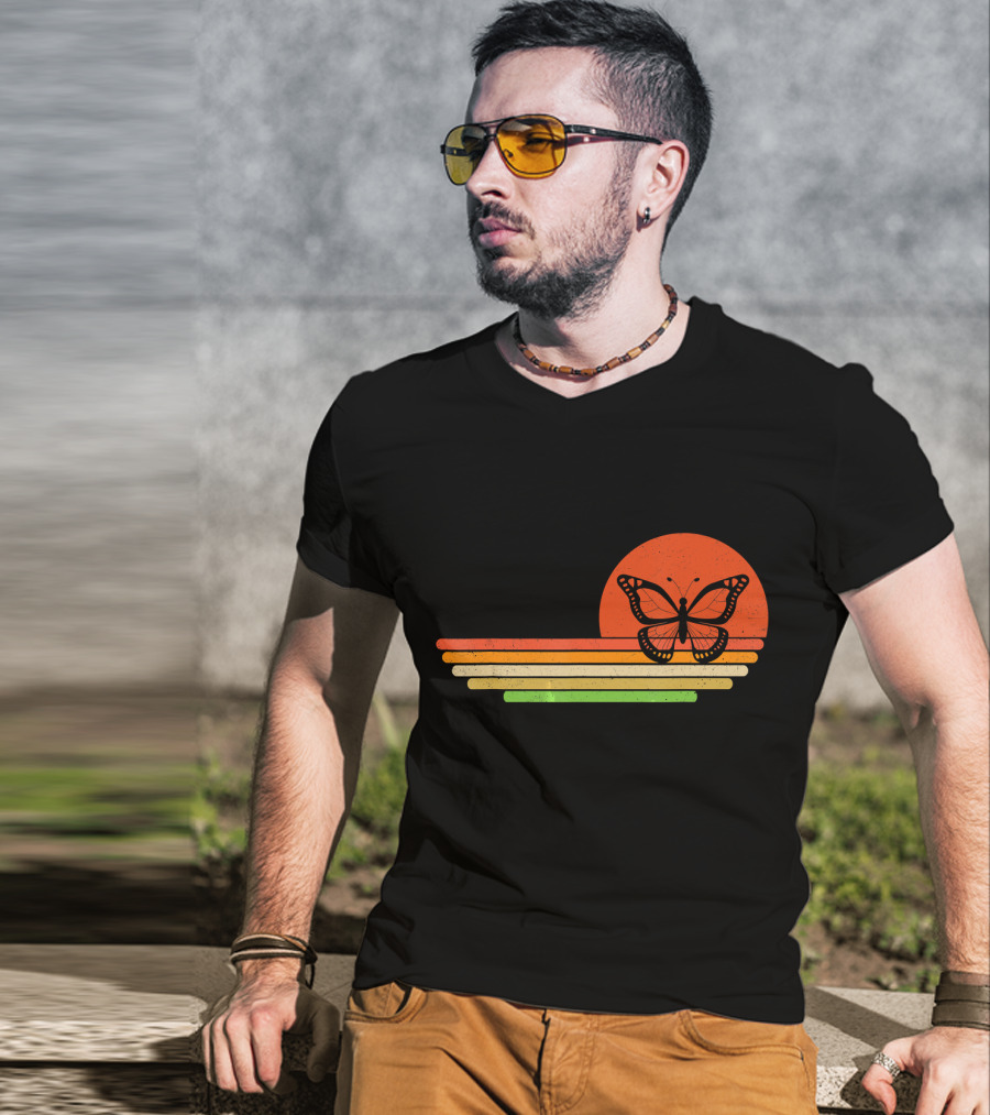 Distressed Butterfly Retro Sunset Stripes T-Shirt