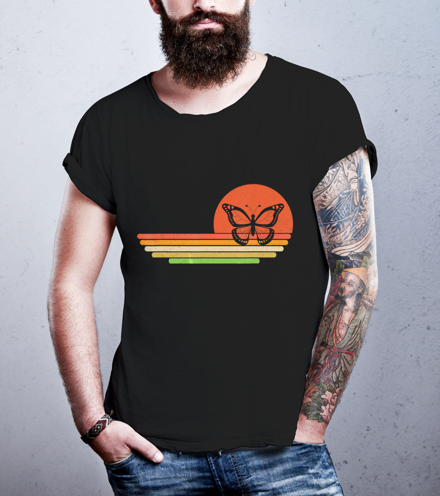 Distressed Butterfly Retro Sunset Stripes T-Shirt