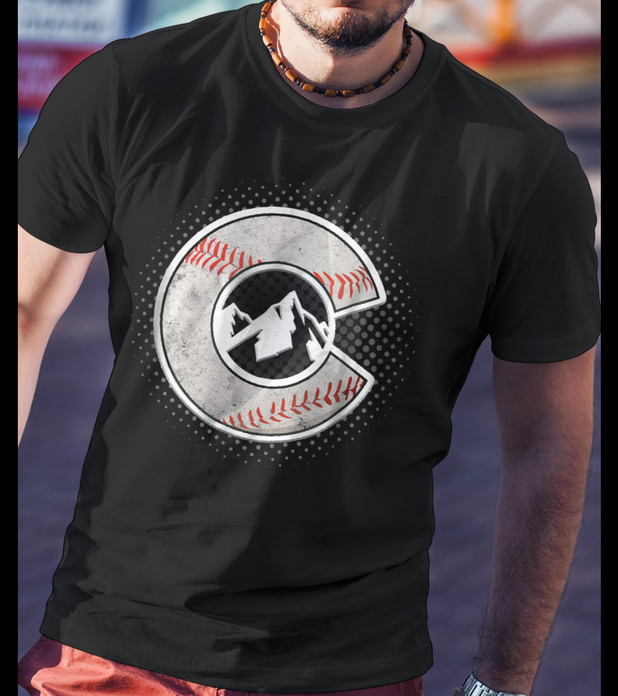 Distressed Colorado Baseball C With Mountain And Stitching T-Shirt