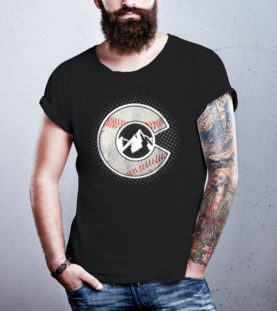 Distressed Colorado Baseball C With Mountain And Stitching T-Shirt