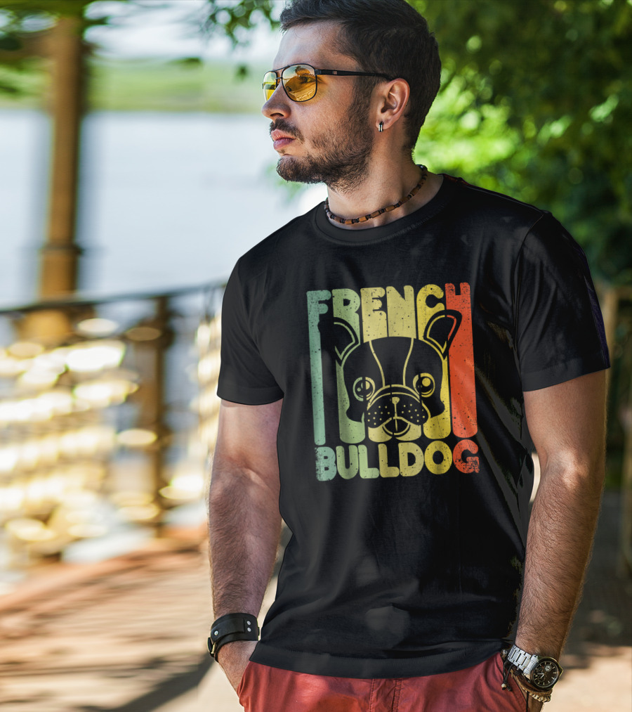 Distressed French Bulldog Vintage Rainbow Stripes T-Shirt