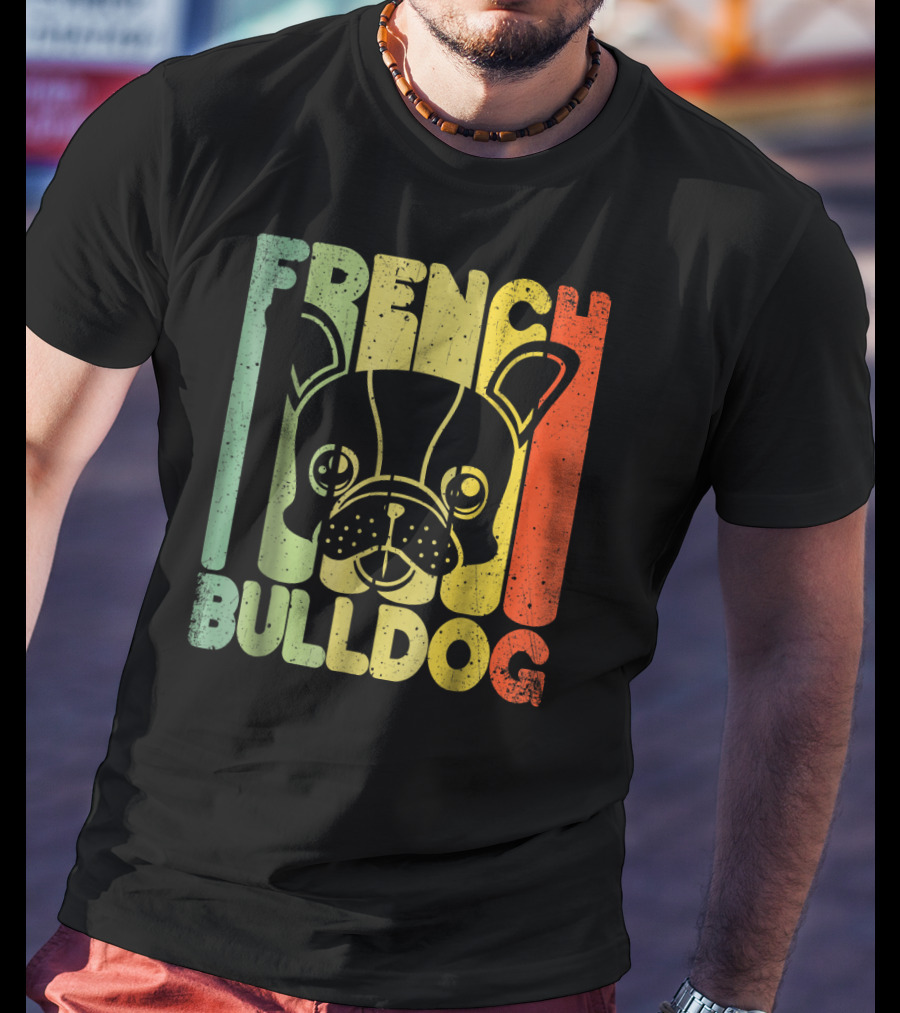 Distressed French Bulldog Vintage Rainbow Stripes T-Shirt