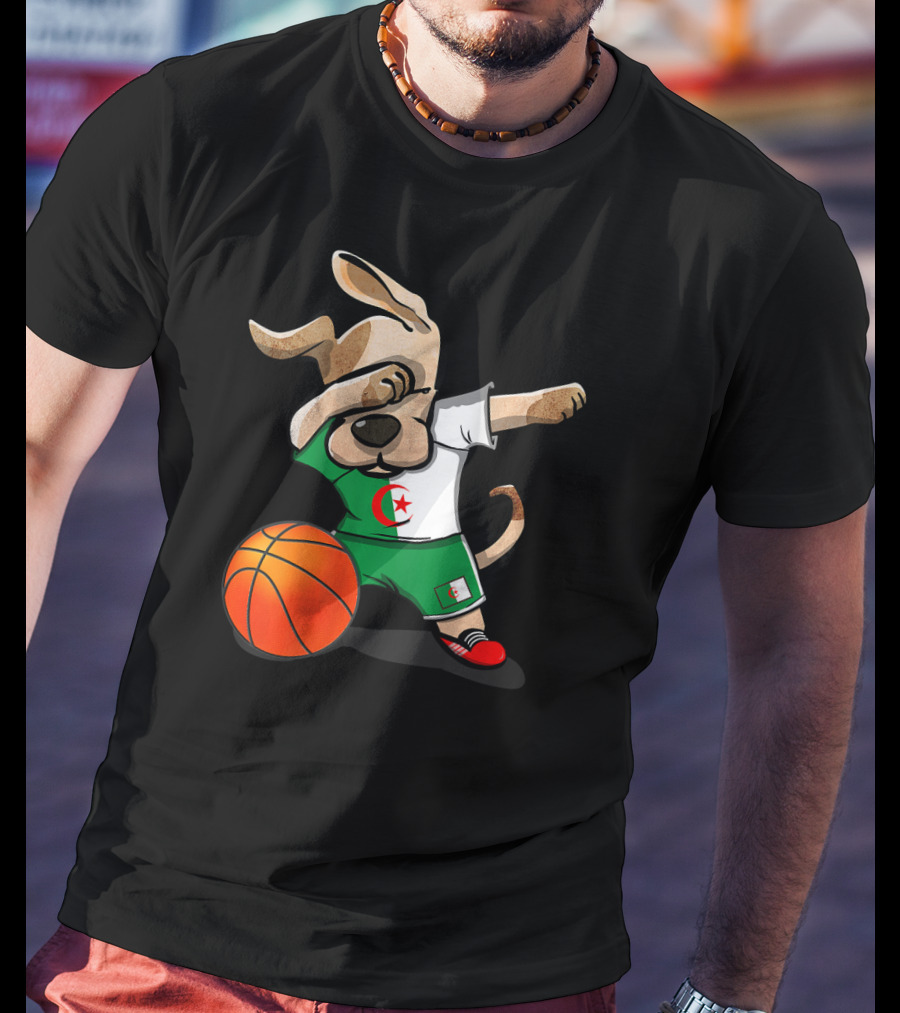 Dog Dabbing Basketball Algeria Flag Jersey T-Shirt