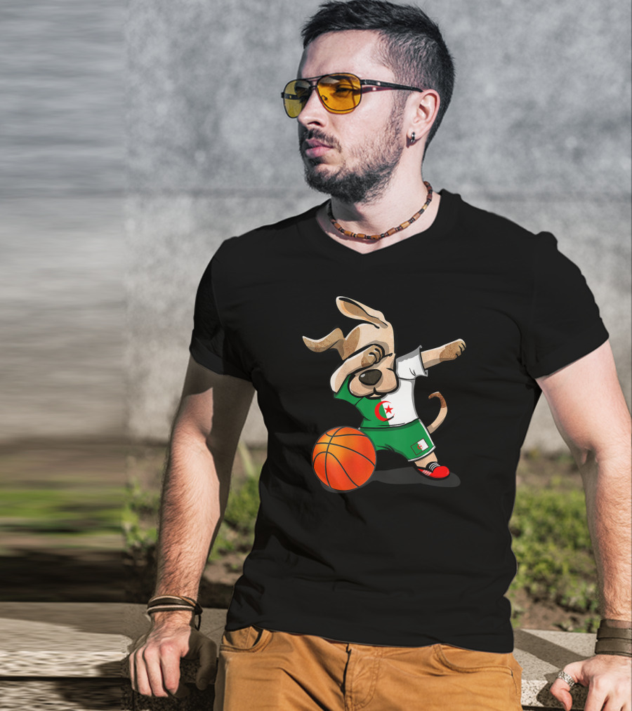 Dog Dabbing Basketball Algeria Flag Jersey T-Shirt