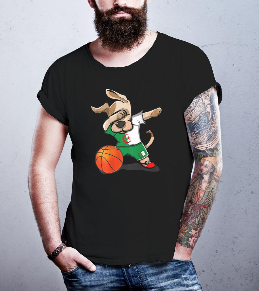Dog Dabbing Basketball Algeria Flag Jersey T-Shirt