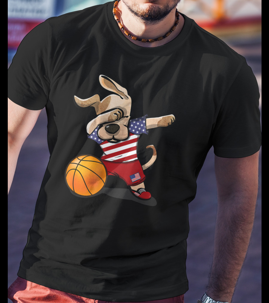 USA Basketball Dog Dabbing With American Flag T-Shirt