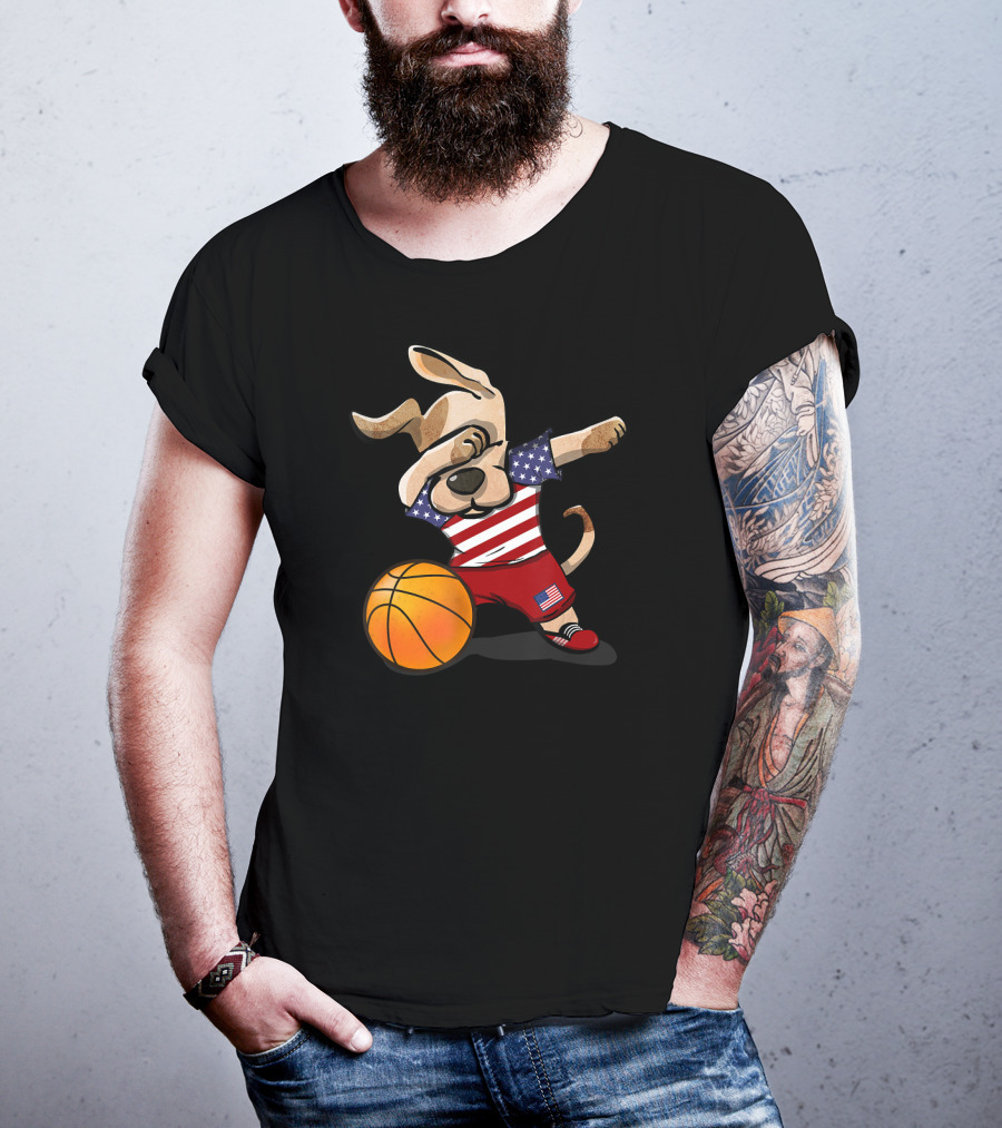 USA Basketball Dog Dabbing With American Flag T-Shirt