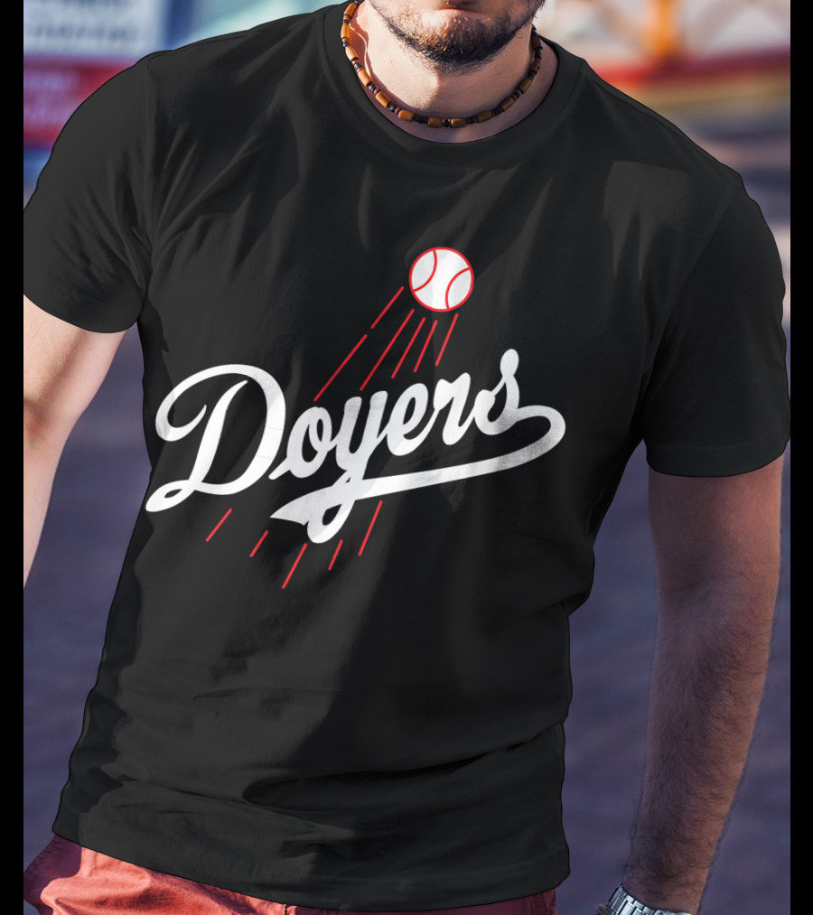 Doyers Baseball Red And White Script With Flying Ball T-Shirt