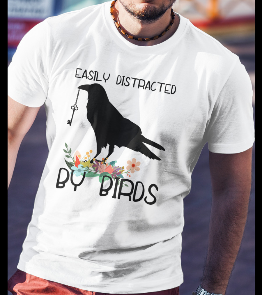 Easily Distracted By Birds Silhouette Of Bird With Key And Floral Elements T-Shirt