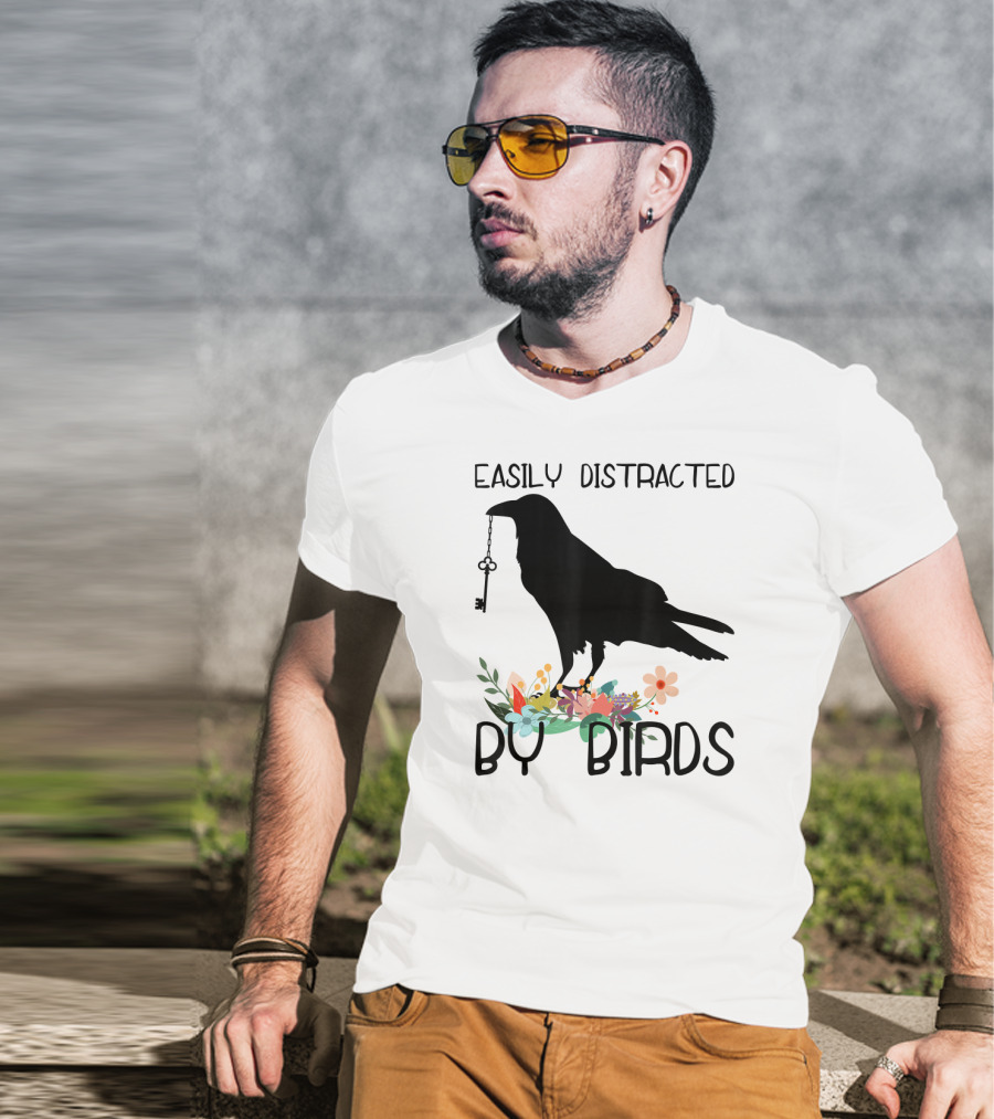 Easily Distracted By Birds Silhouette Of Bird With Key And Floral Elements T-Shirt