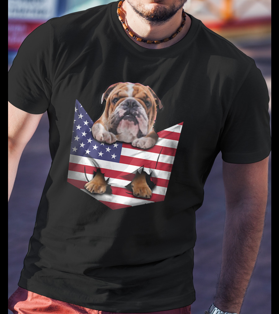 English Bulldog In American Flag Pocket T-Shirt