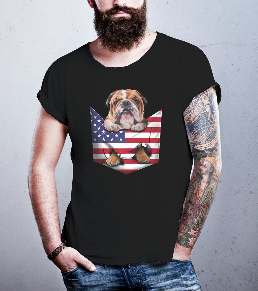 English Bulldog In American Flag Pocket T-Shirt