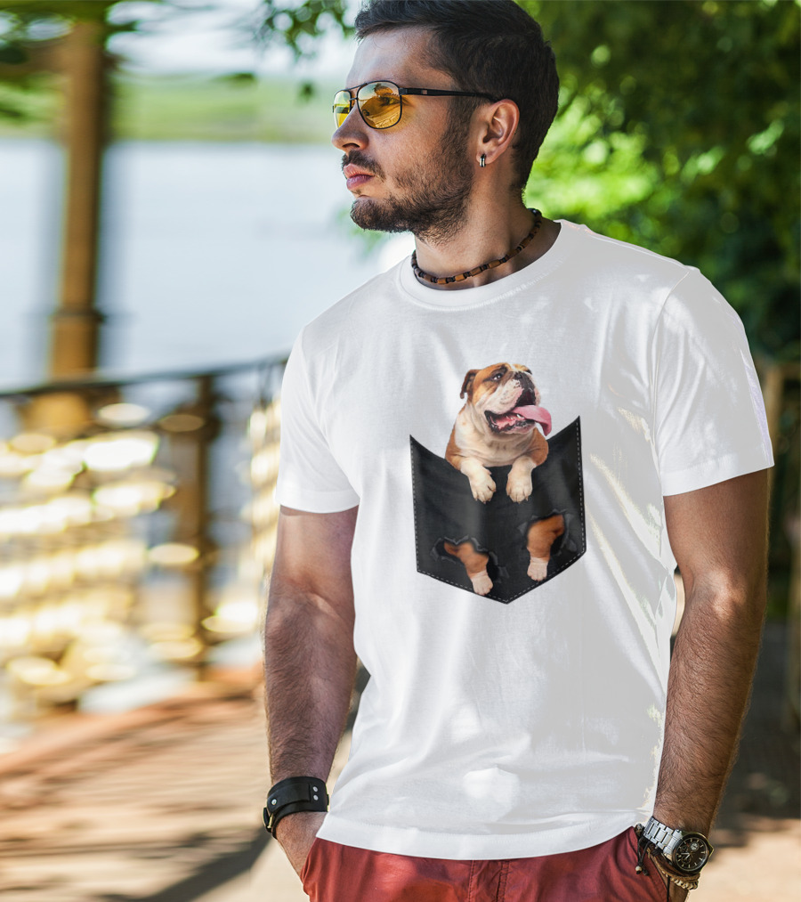 English Bulldog Pocket Mid Bulldog Peeking Out T-Shirt