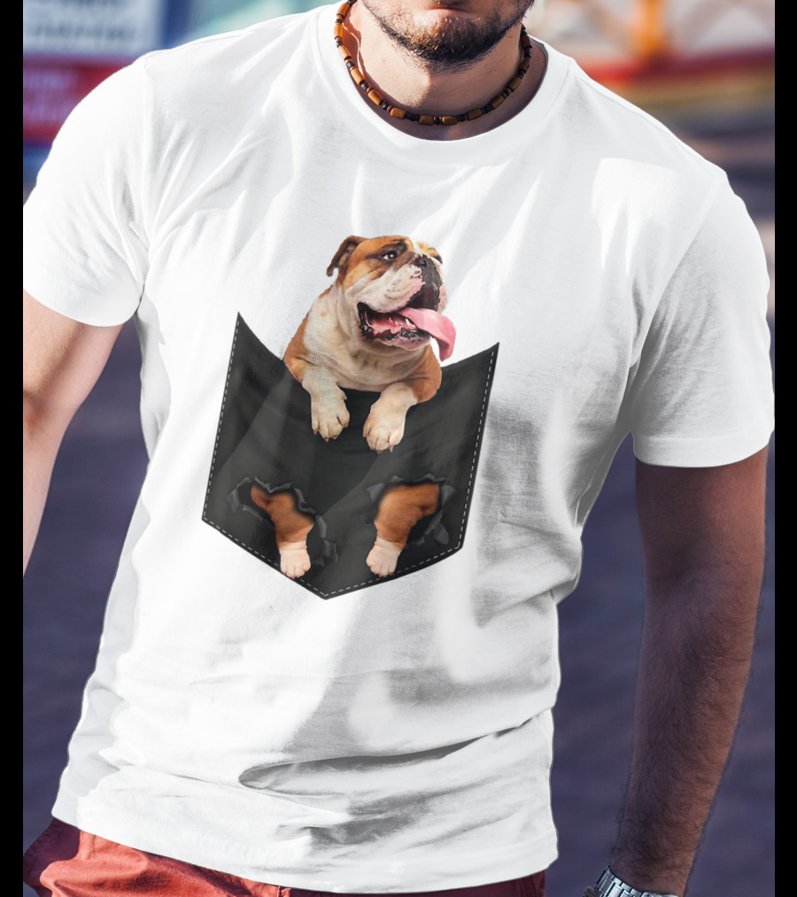 English Bulldog Pocket Mid Bulldog Peeking Out T-Shirt