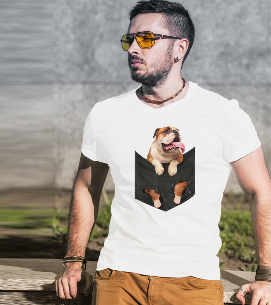 English Bulldog Pocket Mid Bulldog Peeking Out T-Shirt