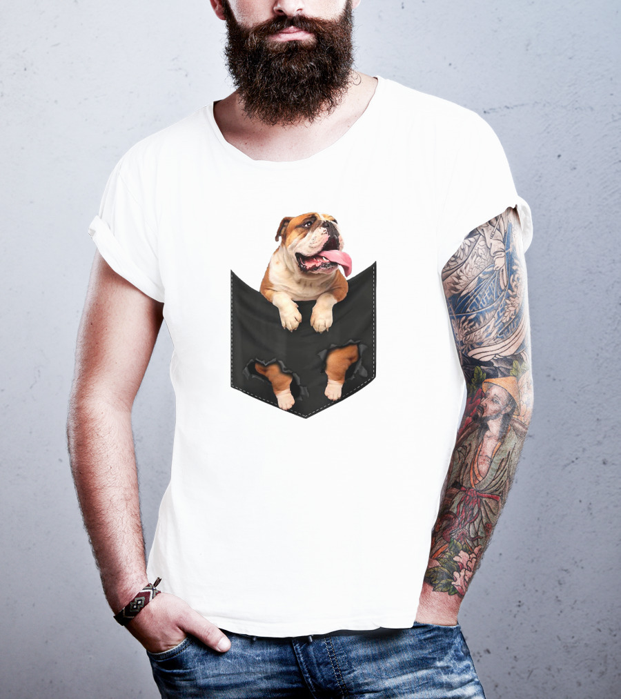 English Bulldog Pocket Mid Bulldog Peeking Out T-Shirt