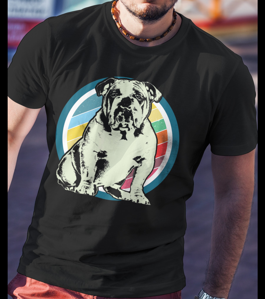 English Bulldog Retro Style Rainbow Circle T-Shirt