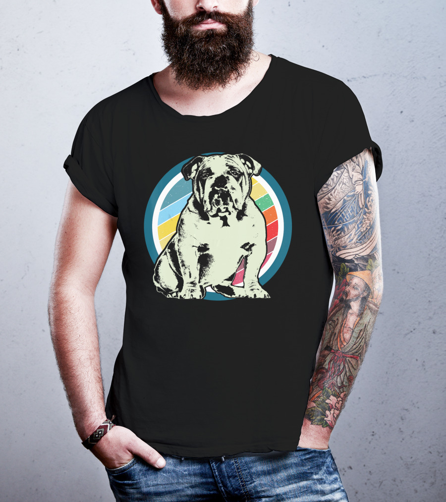 English Bulldog Retro Style Rainbow Circle T-Shirt