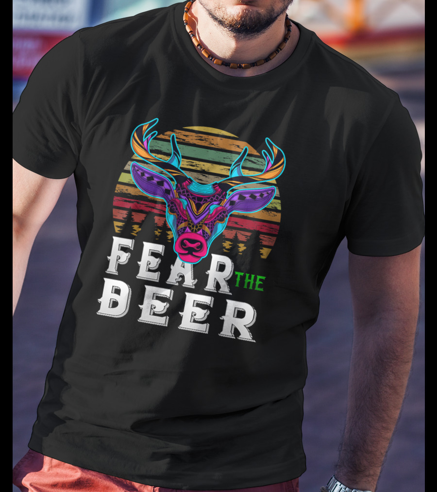 Fear The Deer Colorful Deer Head And Sunset Stripes T-Shirt