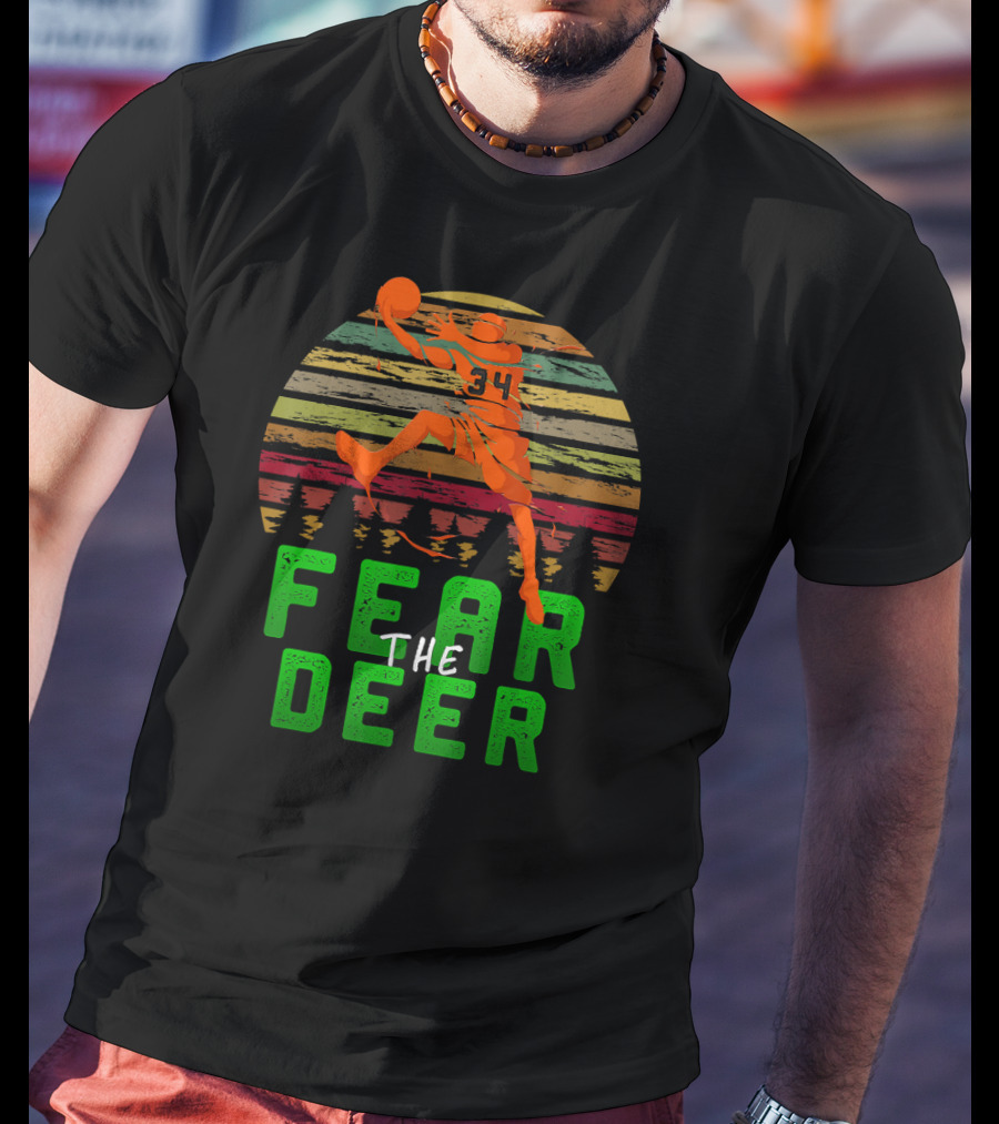 Fear The Deer 34 Milwaukee Basketball Retro Sunset Forest Jumper T-Shirt