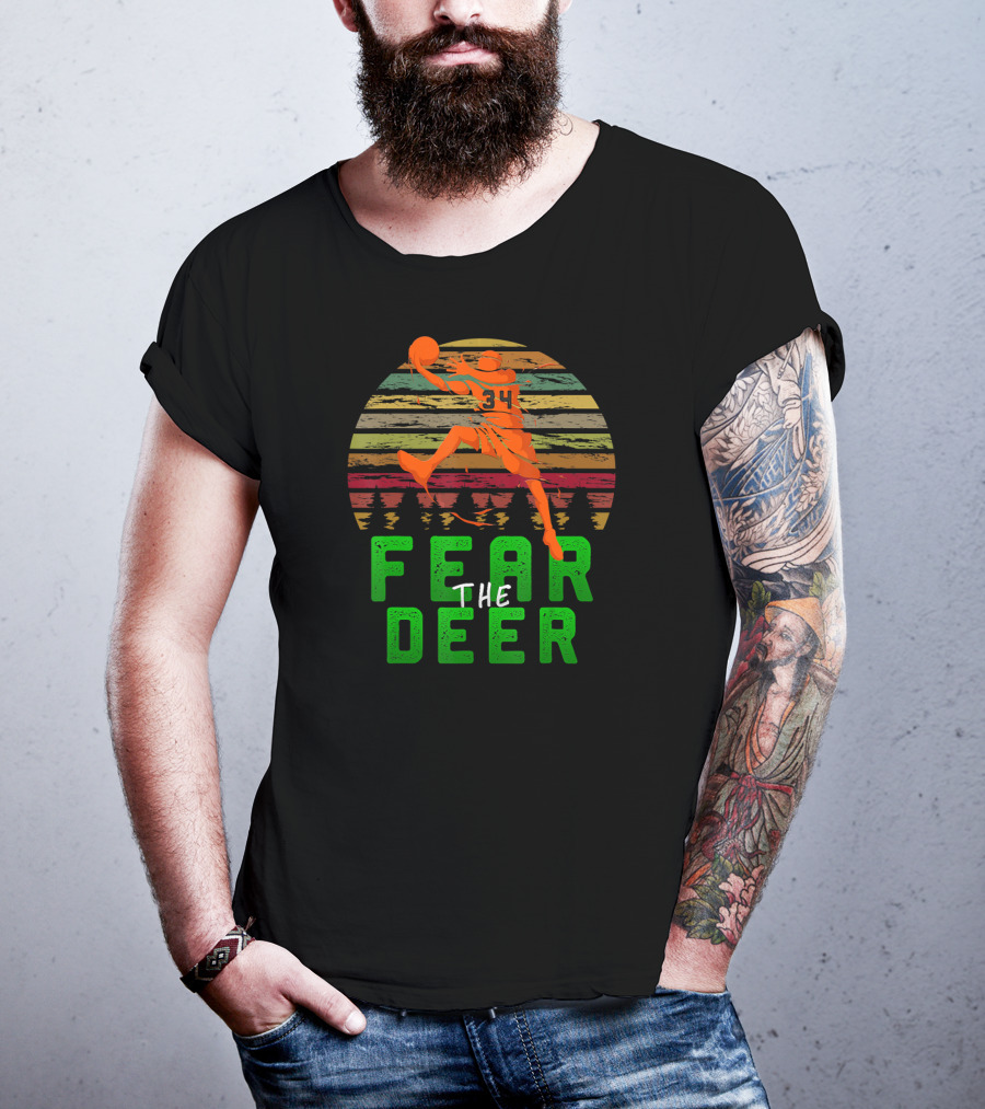 Fear The Deer 34 Milwaukee Basketball Retro Sunset Forest Jumper T-Shirt