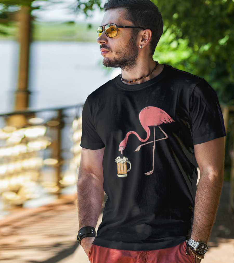 Funny Pink Flamingo Drinking Beer Illustrative Humor T-Shirt