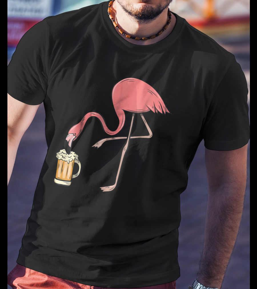Funny Pink Flamingo Drinking Beer Illustrative Humor T-Shirt