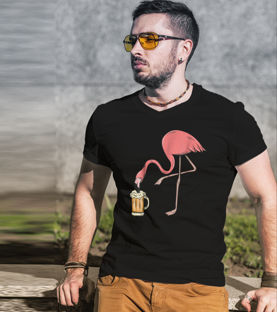 Funny Pink Flamingo Drinking Beer Illustrative Humor T-Shirt
