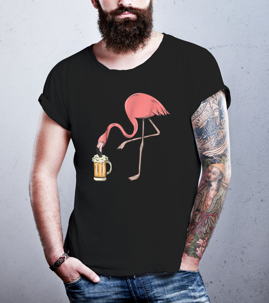 Funny Pink Flamingo Drinking Beer Illustrative Humor T-Shirt