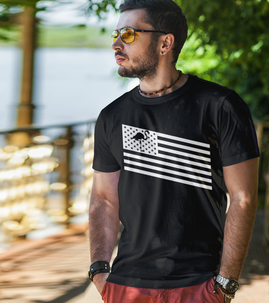 Flamingo Stars And Stripes USA Flag Wading T-Shirt