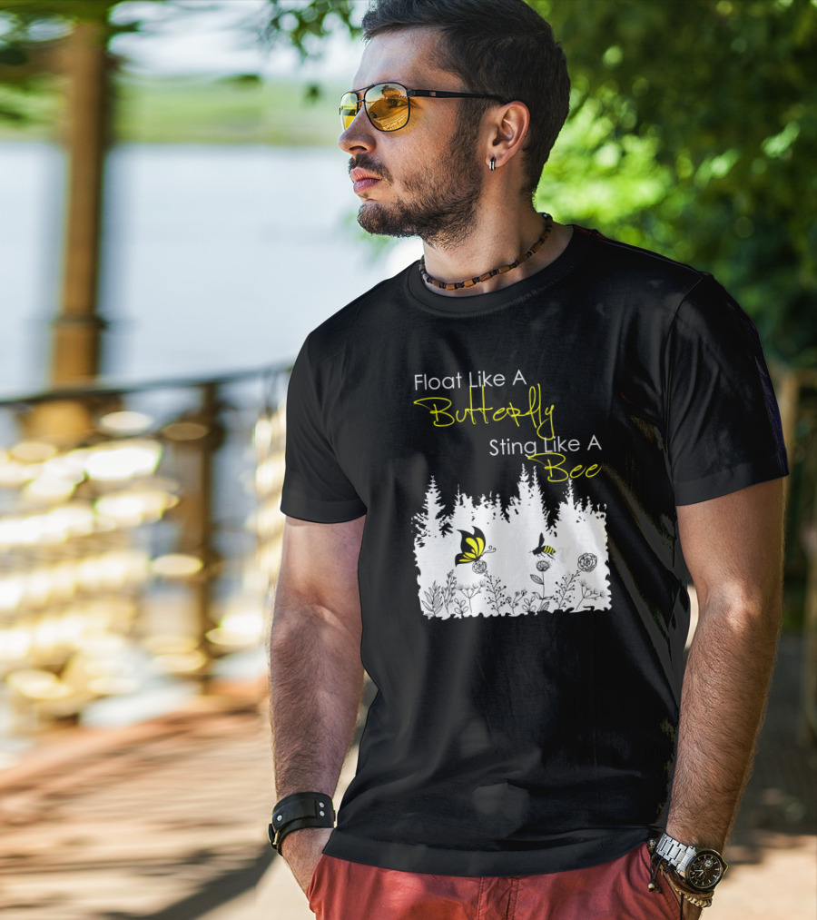 Float Like A Butterfly Sting Like A Bee Forest Nature Scene With Yellow Butterfly And Bee T-Shirt