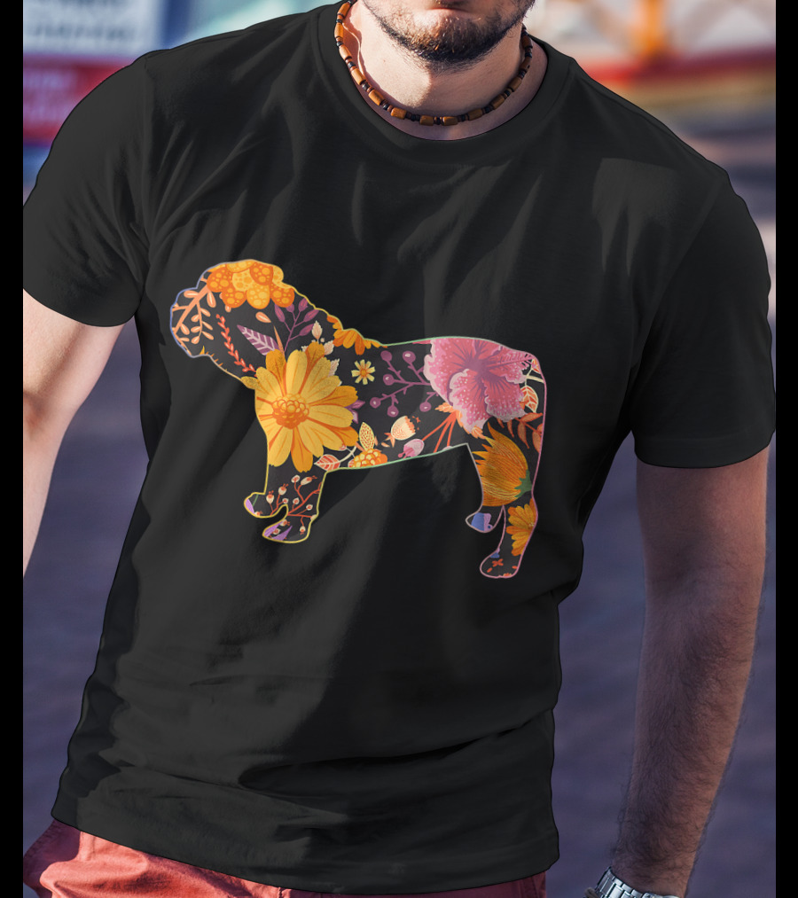 Floral Flower Vintage Bulldog Silhouette With Colorful Botanical T-Shirt