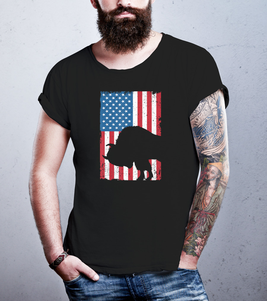 Fourth Of July Bison Patriot American Flag Silhouette Independence Day T-Shirt