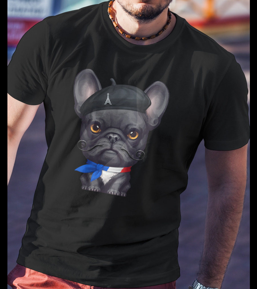 French Bulldog Paris Eiffel Tower Beret Mustache Look T-Shirt
