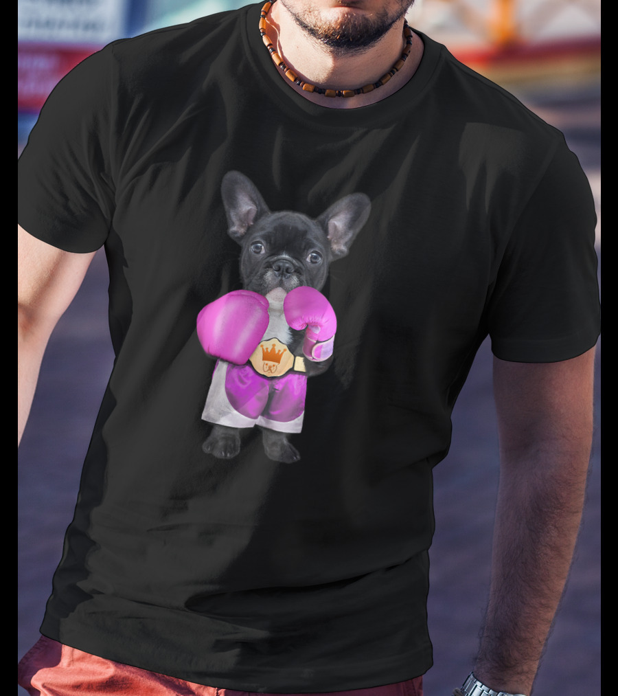 French Bulldog Wearing Boxing Gloves Champion Belt T-Shirt