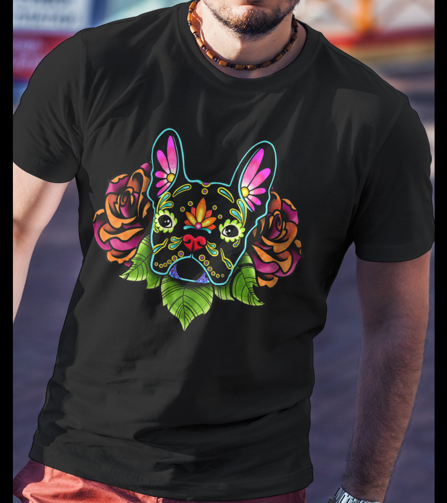 French Bulldog Colorful Day Of The Dead Floral Roses T-Shirt