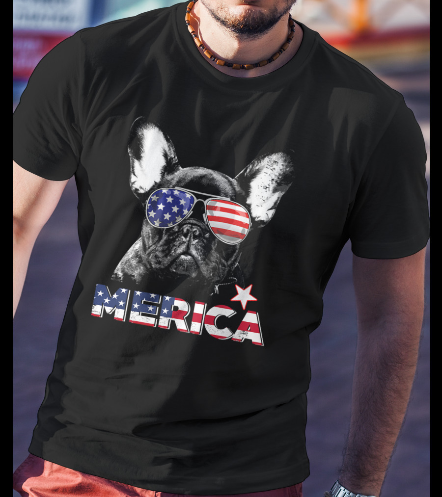 French Bulldog Merica Patriotic Star-Spangled Sunglasses USA T-Shirt