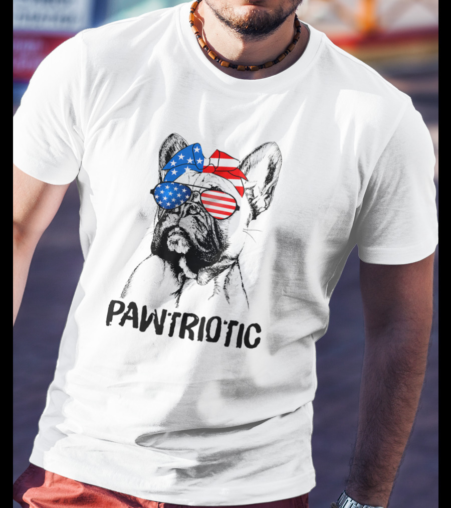 Pawtriotic French Bulldog With American Flag Bandana And Sunglasses T-Shirt