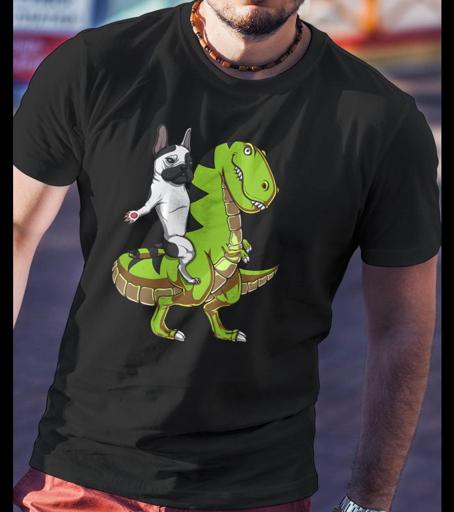 French Bulldog Riding T-Rex Dinosaur Adventure T-Shirt