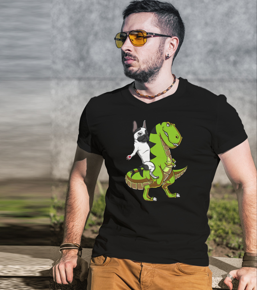 French Bulldog Riding T-Rex Dinosaur Adventure T-Shirt