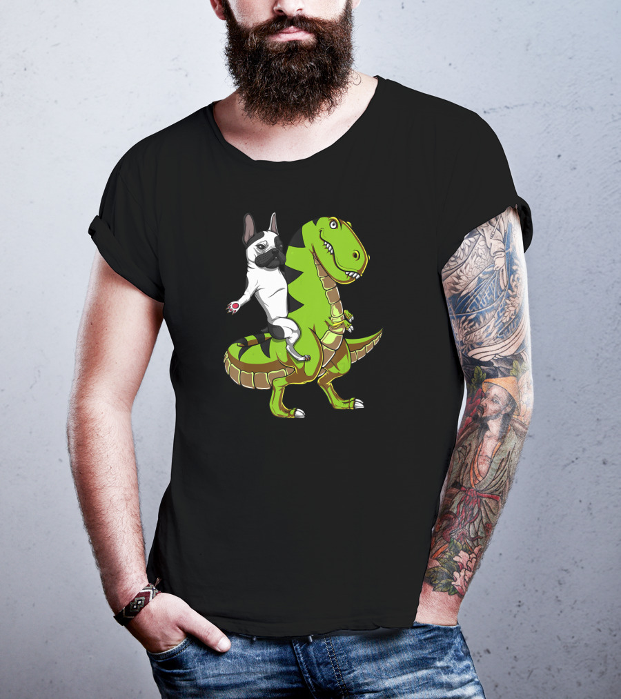 French Bulldog Riding T-Rex Dinosaur Adventure T-Shirt