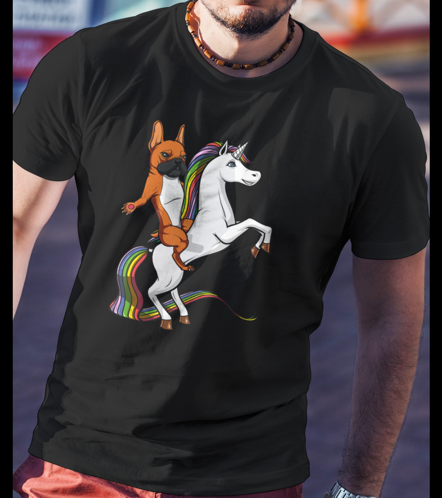 French Bulldog Riding Rainbow Unicorn Funny Dog T-Shirt