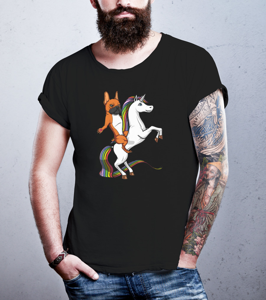 French Bulldog Riding Rainbow Unicorn Funny Dog T-Shirt