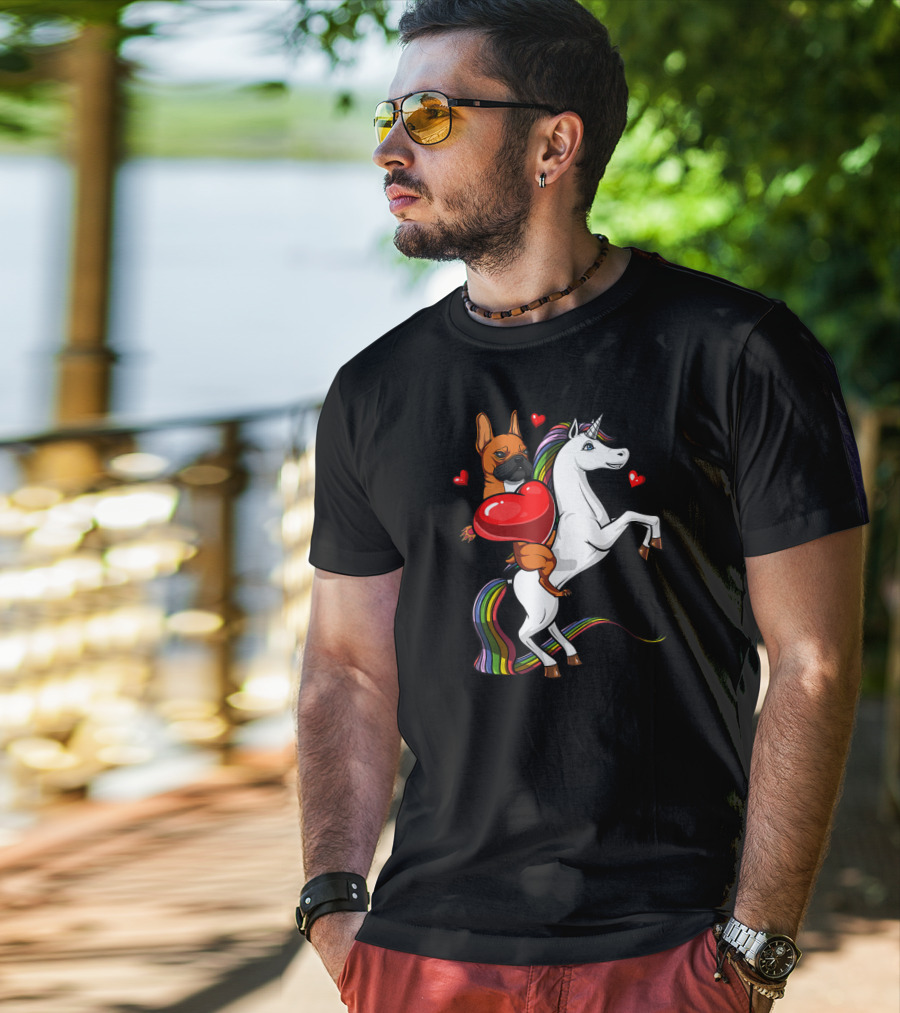 French Bulldog With Heart On Rainbow Unicorn Valentine's T-Shirt
