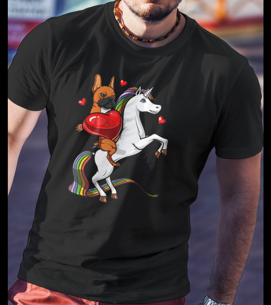 French Bulldog With Heart On Rainbow Unicorn Valentine's T-Shirt